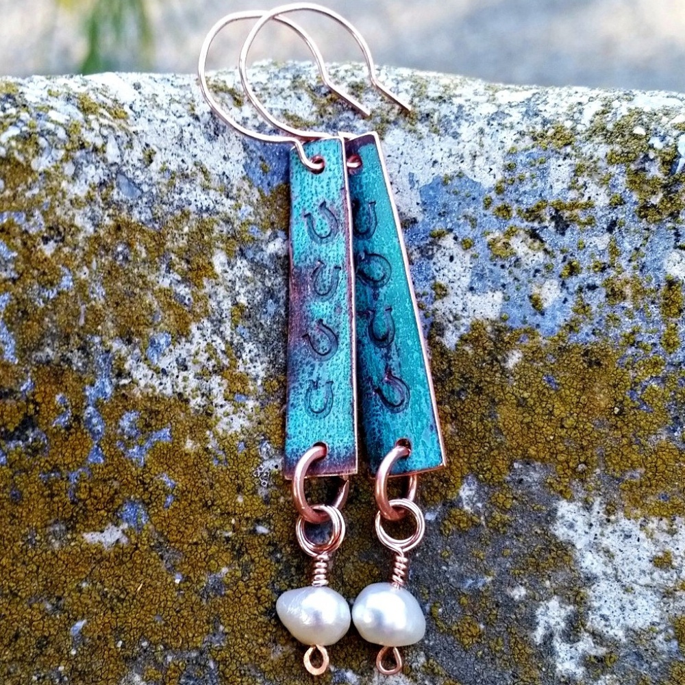 Hoofbeats Horseshoe Earrings Copper & Pearls